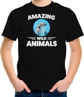 T-shirt dolfijn - zwart - kinderen - amazing wild animals - cadeau shirt dolfijn / dolfijnen liefhebber XS (110-116)
