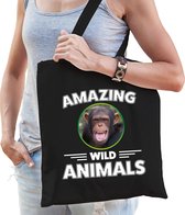 Katoenen tasje chimpansee - zwart - volwassen + kind - amazing wild animals - boodschappentas/ gymtas/ sporttas - chimpansee apen fan