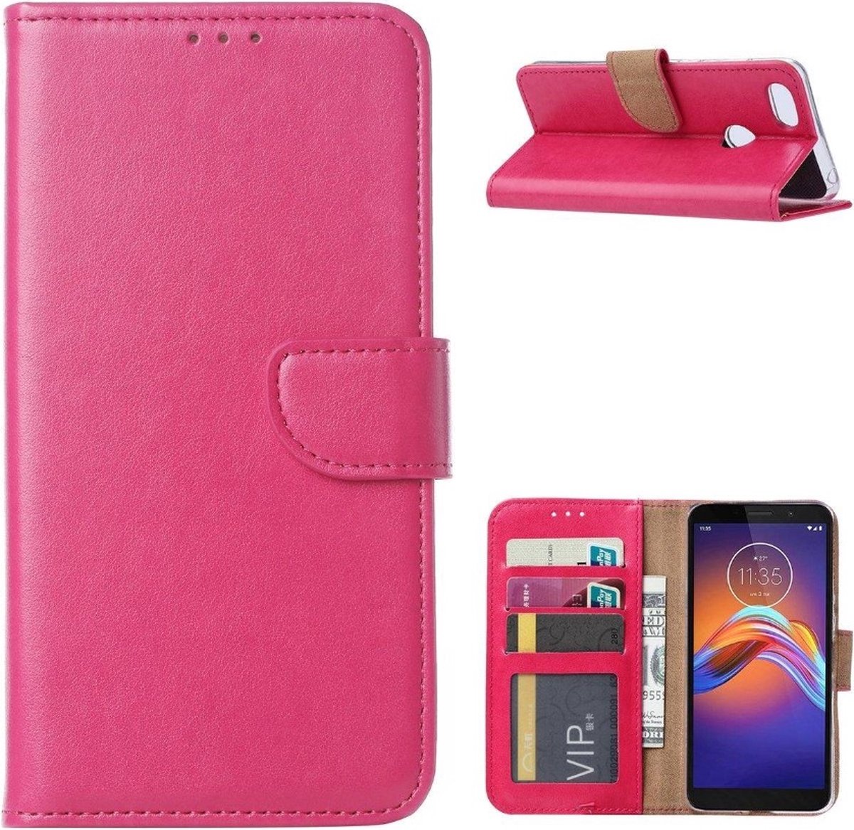 LuxeBass Hoesje geschikt voor Motorola E6 Play - Bookcase Roze - portemonnee hoesje - telefoonhoes - gsm hoes - telefoonhoesjes