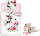 Dekbedovertrek Wit Paard bloemenkrans- 1 persoons- katoen- 140x200- Horse- dekbed meisjes- slaapkamer, incl. Pluche Paardje 25 cm grijs-roze