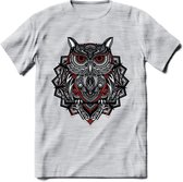 Uil - Dieren Mandala T-Shirt | Rood | Grappig Verjaardag Zentangle Dierenkop Cadeau Shirt | Dames - Heren - Unisex | Wildlife Tshirt Kleding Kado | - Licht Grijs - Gemaleerd - XXL