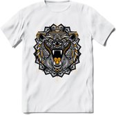 Beer - Dieren Mandala T-Shirt | Geel | Grappig Verjaardag Zentangle Dierenkop Cadeau Shirt | Dames - Heren - Unisex | Wildlife Tshirt Kleding Kado | - Wit - M