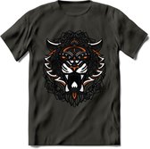 Tijger - Dieren Mandala T-Shirt | Oranje | Grappig Verjaardag Zentangle Dierenkop Cadeau Shirt | Dames - Heren - Unisex | Wildlife Tshirt Kleding Kado | - Donker Grijs - 3XL