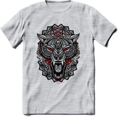 Wolf - Dieren Mandala T-Shirt | Rood | Grappig Verjaardag Zentangle Dierenkop Cadeau Shirt | Dames - Heren - Unisex | Wildlife Tshirt Kleding Kado | - Licht Grijs - Gemaleerd - S