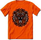 Beer - Dieren Mandala T-Shirt | Grijs | Grappig Verjaardag Zentangle Dierenkop Cadeau Shirt | Dames - Heren - Unisex | Wildlife Tshirt Kleding Kado | - Oranje - 3XL