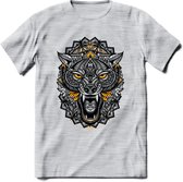 Wolf - Dieren Mandala T-Shirt | Geel | Grappig Verjaardag Zentangle Dierenkop Cadeau Shirt | Dames - Heren - Unisex | Wildlife Tshirt Kleding Kado | - Licht Grijs - Gemaleerd - XXL