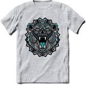 Beer - Dieren Mandala T-Shirt | Lichtblauw | Grappig Verjaardag Zentangle Dierenkop Cadeau Shirt | Dames - Heren - Unisex | Wildlife Tshirt Kleding Kado | - Licht Grijs - Gemaleerd