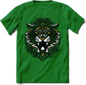 Tijger - Dieren Mandala T-Shirt | Geel | Grappig Verjaardag Zentangle Dierenkop Cadeau Shirt | Dames - Heren - Unisex | Wildlife Tshirt Kleding Kado | - Donker Groen - L