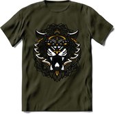 Tijger - Dieren Mandala T-Shirt | Geel | Grappig Verjaardag Zentangle Dierenkop Cadeau Shirt | Dames - Heren - Unisex | Wildlife Tshirt Kleding Kado | - Leger Groen - M