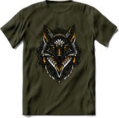 Vos - Dieren Mandala T-Shirt | Geel | Grappig Verjaardag Zentangle Dierenkop Cadeau Shirt | Dames - Heren - Unisex | Wildlife Tshirt Kleding Kado | - Leger Groen - XL