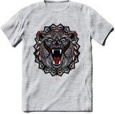 Beer - Dieren Mandala T-Shirt | Rood | Grappig Verjaardag Zentangle Dierenkop Cadeau Shirt | Dames - Heren - Unisex | Wildlife Tshirt Kleding Kado | - Licht Grijs - Gemaleerd - 3XL