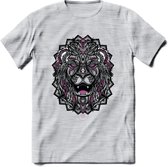 Leeuw - Dieren Mandala T-Shirt | Roze | Grappig Verjaardag Zentangle Dierenkop Cadeau Shirt | Dames - Heren - Unisex | Wildlife Tshirt Kleding Kado | - Licht Grijs - Gemaleerd - 3X