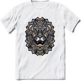 Leeuw - Dieren Mandala T-Shirt | Geel | Grappig Verjaardag Zentangle Dierenkop Cadeau Shirt | Dames - Heren - Unisex | Wildlife Tshirt Kleding Kado | - Wit - XL