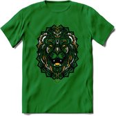Leeuw - Dieren Mandala T-Shirt | Geel | Grappig Verjaardag Zentangle Dierenkop Cadeau Shirt | Dames - Heren - Unisex | Wildlife Tshirt Kleding Kado | - Donker Groen - XL