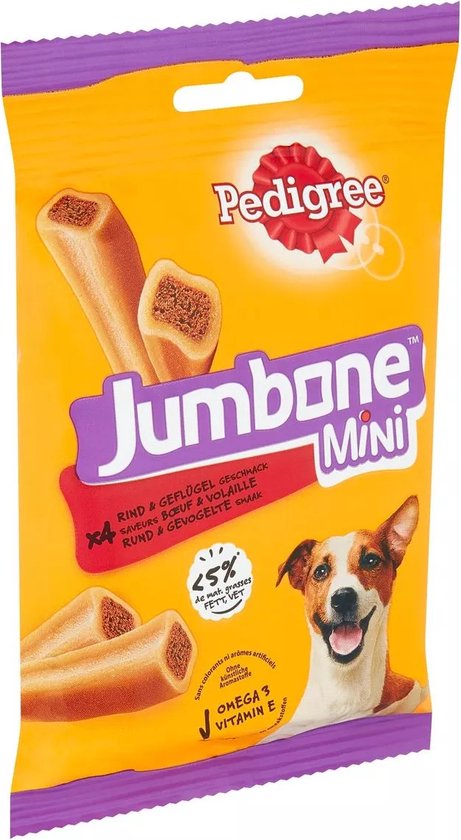 Pedigree Jumbone Mini verpakking met 4 hondenkoekjes, smaak rund & gevogelte. Bevat minder dan 5% vet.