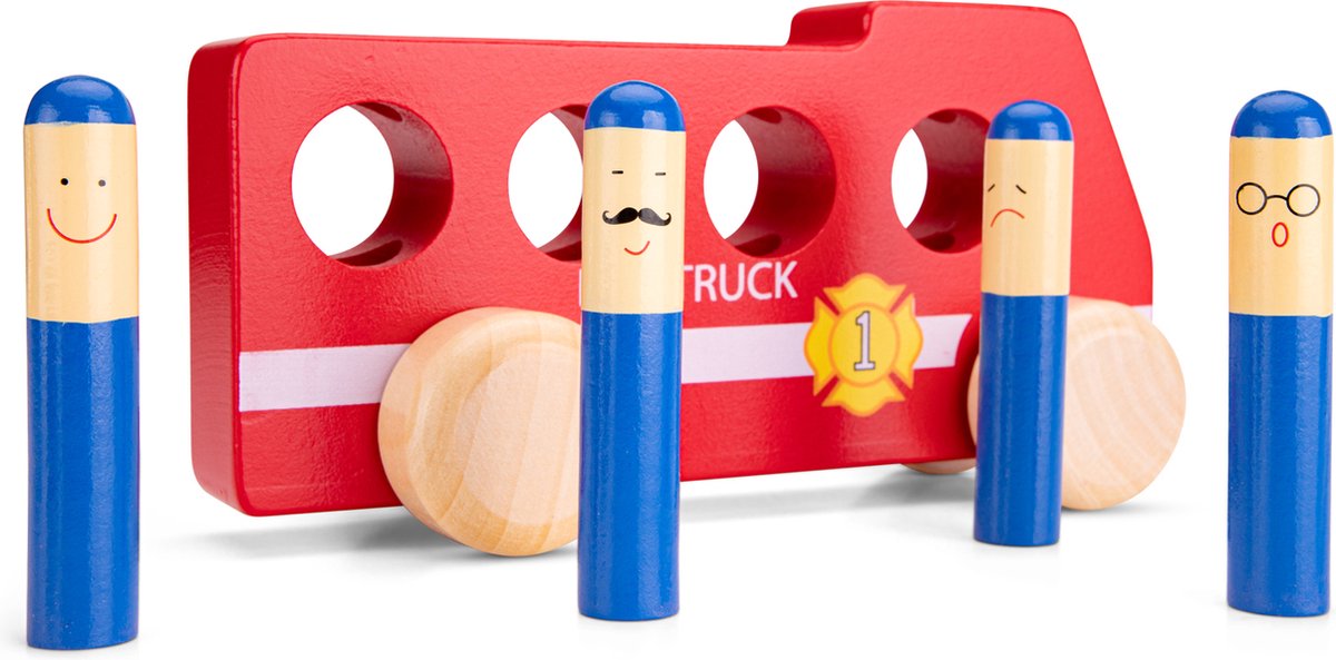 Woet® Houten Pop Up Brandweerauto - Rode Brandweerwagen met Brandweermannen - FSC Speelgoedvoertuig - Actiespel - Educatief Speelgoed - Vanaf 2 Jaar — afbeelding 6
