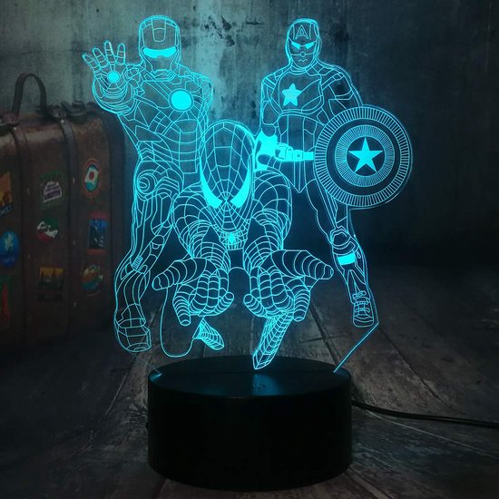 Klarigo®️ Nachtlamp – 3D LED Lamp Illusie – 16 Kleuren – Bureaulamp – Marvel – Sfeerlamp Ironman - Avengers  - Spiderman – Nachtlampje Kinderen – Creative lamp - Afstandsbediening