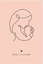Poster - lijntekening - moeder - met baby – kinderkamer – line art - 30x40 cm - roze - wanddecoratie