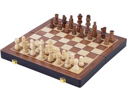 Schaakspel Deluxe Inklapbaar – Houten Schaakset van Essenhout – Luxe Bruin Schaakbord 24.5 x 24.5 x 