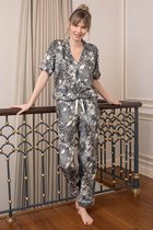 Seamlife Homewear - Luxe Dames Pyjama Set - Maat (M) - 100% Biologisch Katoen Satijn - Korte Mouwen - Donkergrijs Flowers