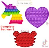 ESSENTIALS73 Pop It Fidget Set van 3: Unicorn Regenboog + Vlinder Groen + Hart Paars - Tiktok - Rainbow