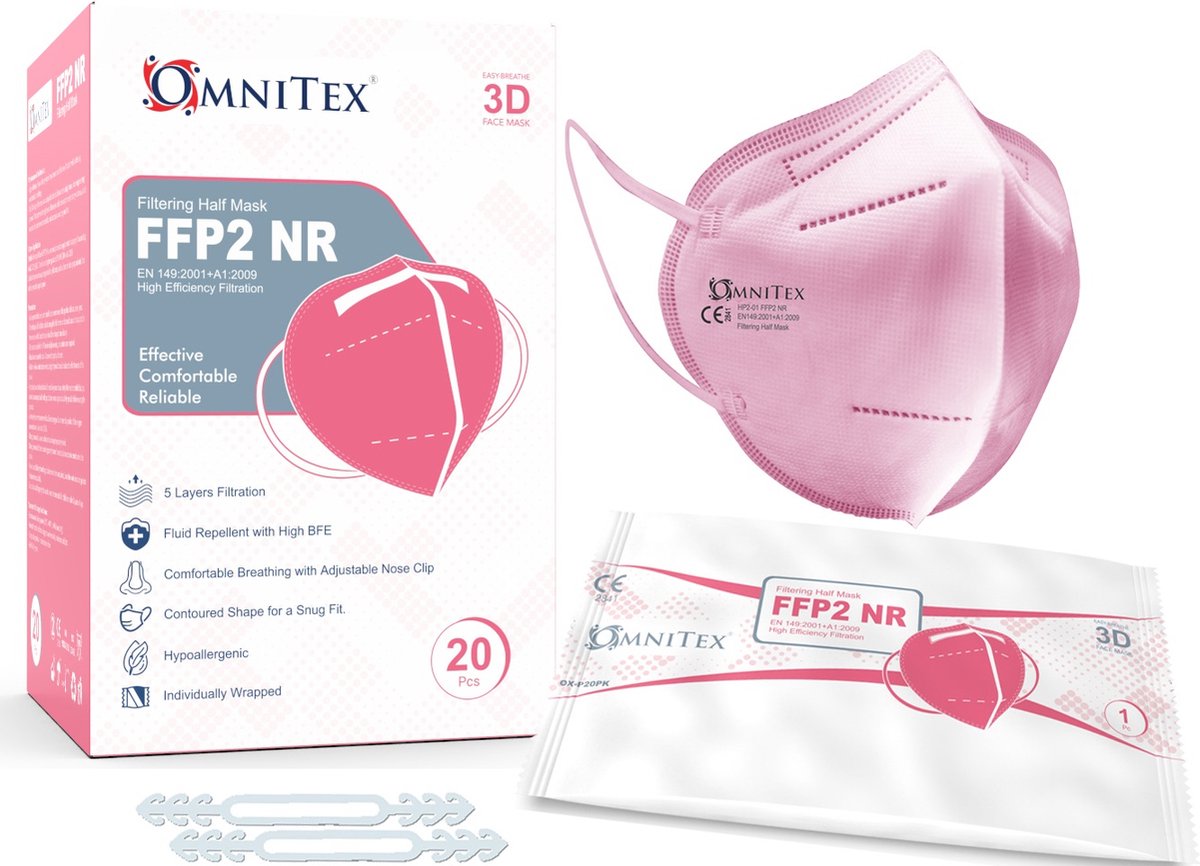 Omnitex FFP2 Roze gezichtsmasker - 20 stuks, individueel verpakt | Hoge filtratie - 5 lagen | EN149 CE-gecertificeerd | Hypoallergeen | Vloeistofbestendig | Oorlussen en aanpasbare neusbrug | + 5-maskerverlengers