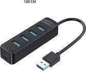 USB 3.0 Hub 4 Poort - met Voeding - Geschikt voor Laptop, Playstation en PC - USB C - Splitter - Dock - Adapter - 100 cm - Zwart