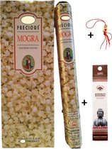 Doos met 120 stokjes - Wierook - Wierookstokjes - Incense sticks - Mogra - Indische Jasmijn + 5 mini wierookstokjes + Gelukspoppetje