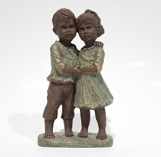 Geert Kunen / Skulptuur / Beeld / Torso / Meisje en jongen - bruin / groen - 12 x 6 x 23 cm hoog.