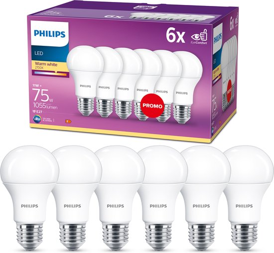 Philips energiezuinige LED Lamp Mat - 75 W - E27 - warmwit licht - 6 stuks  - Bespaar... | bol.com