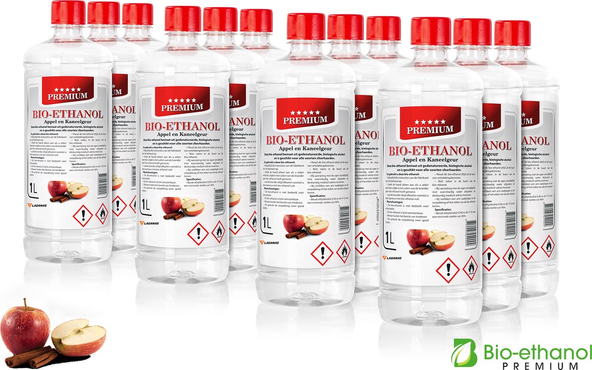 Ladanas® Bio-Ethanol 12 x 1 Liter - PREMIUM - Appel- en Kaneelgeur - Bioethanol 96,6% - Biobrandstof