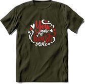 You Make My Heart Smile - Valentijn T-Shirt | Grappig Valentijnsdag Cadeautje voor Hem en Haar | Dames - Heren - Unisex | Kleding Cadeau | - Leger Groen - M