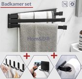 Badkamer set - handdoekenrek - Handdoekhaakjes - wc rolhouder zwart - zelfklevend
