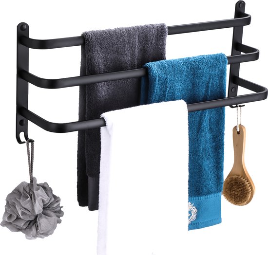 Exul® Luxe 3 Laags Handdoekrek - Zelfklevend of boren - Zwart - Gratis Handdoekhaakje - Eenvoudige Installatie - Badkamer - Handdoekenrek - Handdoekhouder - 60x14x25cm