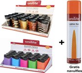 40 stuks Aanstekers navulbaar - merk Unilite - elektronik klik aansteker - met print + 1 Gratis gasfles