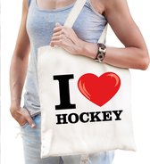 Katoenen tasje I love hockey wit voor dames en heren - Cadeautasjes - Verjaardag / bedankt tassen / shoppers