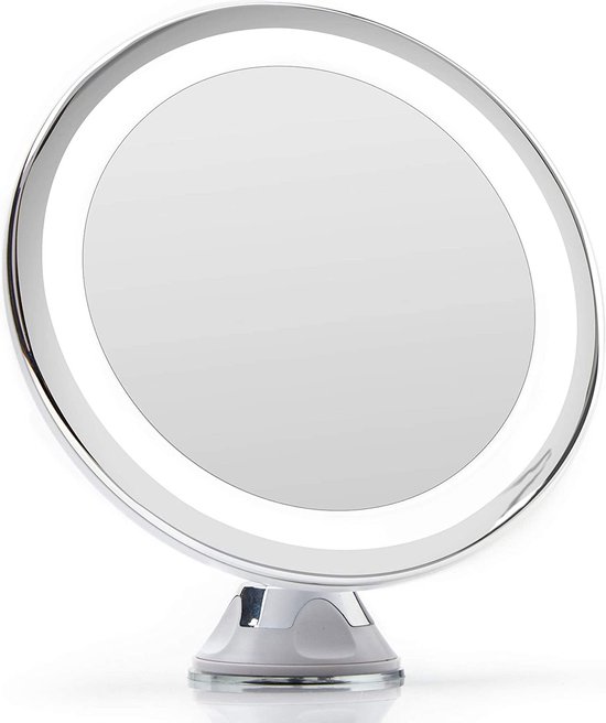 UNIQ Vergroot Spiegel met LED Verlichting - Make-up en Scheer Spiegel - 10x Vegroting - 360° Graden Verstelbare Zuignap en Wandbevestiging - Rond – Wit
