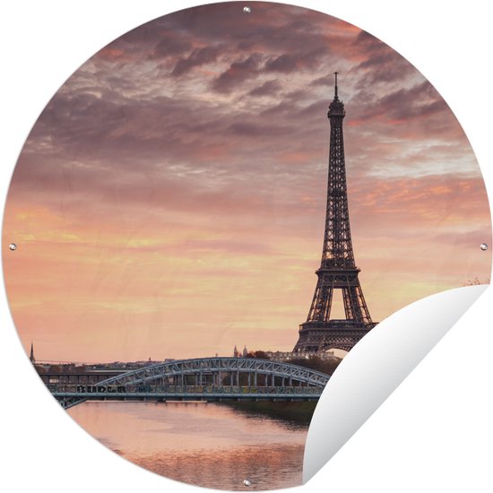 Tuincirkel Een mooie oranje lucht boven de Eiffeltoren in Parijs - 90x90 cm - Ronde Tuinposter - Buiten