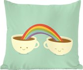 Sierkussens - Kussen - Een illustratie van een regenboog boven twee kopjes koffie - 60x60 cm - Kussen van katoen