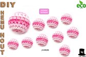 Bob Online ™ – 10 Stuks – Veelkleurig Roze/Wit - 20mm Ronde Gehaakte Houten Kralen met ca. 4mm Gaatje – Houten Gehaakte Kralen - Rijgkralen - Kralen Rijgen - Hobby Gehaakte Kralen - DIY Multicolored Pink/White 20mm Hemu Wood Crochet Beads