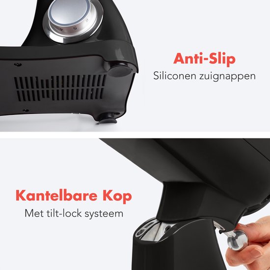 Onderkant van de zwarte keukenmachine met anti-slip siliconen zuignappen. Kantelbare kop met tilt-lock systeem.