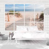 Fotobehangkoning - Behang - Vliesbehang - Fotobehang Uitzicht op het Strand vanuit het Raam 3D - Window & beach - 200 x 140 cm