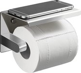 Toiletpapierhouder van Roestvrij Staal met legplank voor mobiel - Twee Installatiemethoden: Lijm of Perforatie - Spiegeloppervlak met Legplank - kan in Keuken en Badkamer worden ge