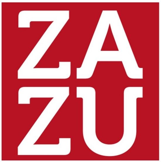 ZAZU logo in wit op een rood vierkant.