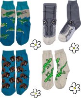 Nature Planet -kindersokken - set van 4 paar sokken - t-rex - zeeschildpad - gekko - mammoet (100% Oeko-tex gecertificeerd) maat 29-34