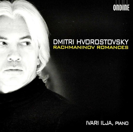 Portret van Dmitri Hvorostovsky, bariton, met zilverwit haar en zwarte coltrui. Titel: Rachmaninov Romances.
