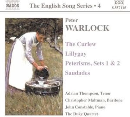 Een schilderij van een vrouw die water uit een ton giet. Titel: Peter Warlock, The Curlew, Lillygay, Peterisms, Sets 1 & 2, Saudades.