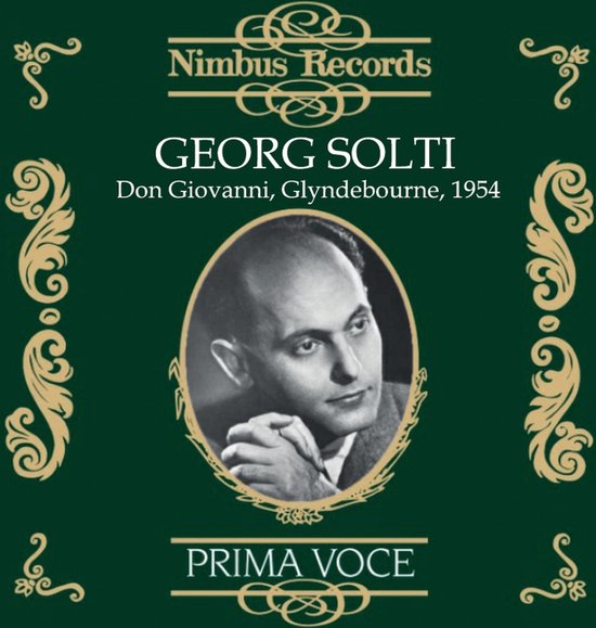 Cd-hoes met portret van Georg Solti, 'GEORG SOLTI Don Giovanni, Glyndebourne, 1954' en 'NIMBUS RECORDS PRIMA VOCE'.