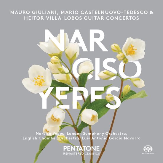 Albumhoes met witte jasmijnbloemen tegen een grijze achtergrond en de naam Narciso Yepes in grote witte letters.