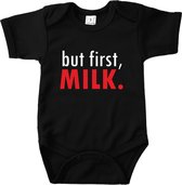 Kraamcadeau - baby rompertje met tekst - But first, milk - Romper zwart - Maat 50/56 * zwangerschap cadeau * kraamcadeau meisje * kraamcadeau jongen